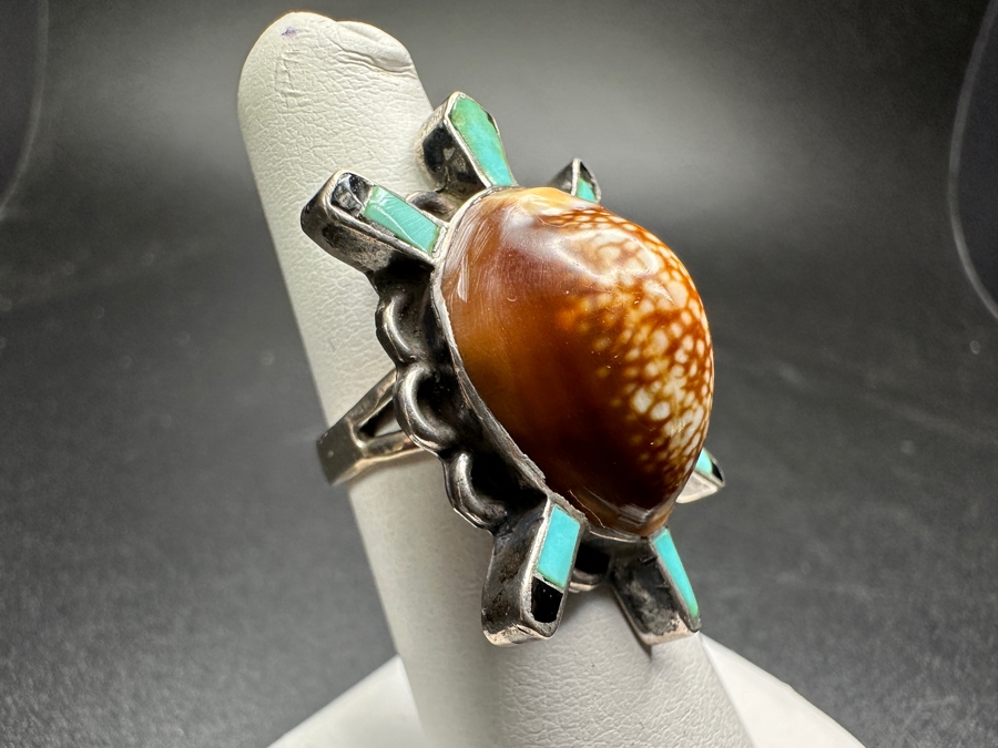 Sterling Silver Bill Lou Zuni Turquoise Cowrie Turtle Ring Size 5.75 8.5g [Photo 3]