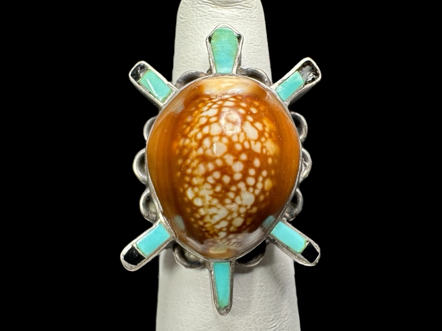 Sterling Silver Bill Lou Zuni Turquoise Cowrie Turtle Ring Size 5.75 8.5g