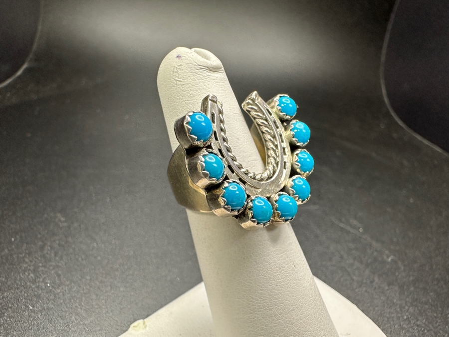 Sterling Silver Running Bear R.B. Turquoise Horseshoe Ring Size 4.75 10g [Photo 3]