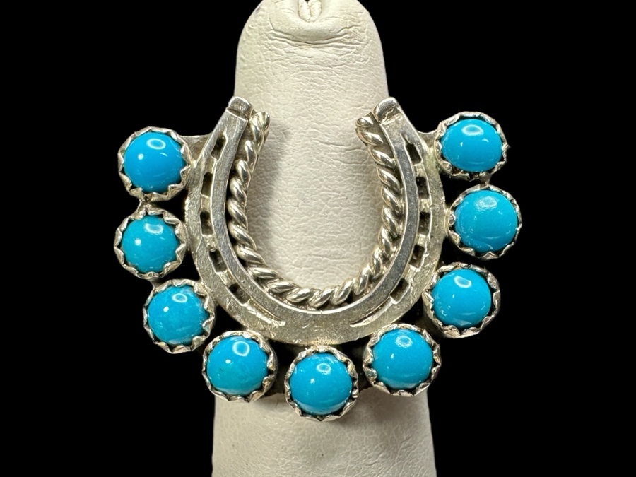 Sterling Silver Running Bear R.B. Turquoise Horseshoe Ring Size 4.75 10g