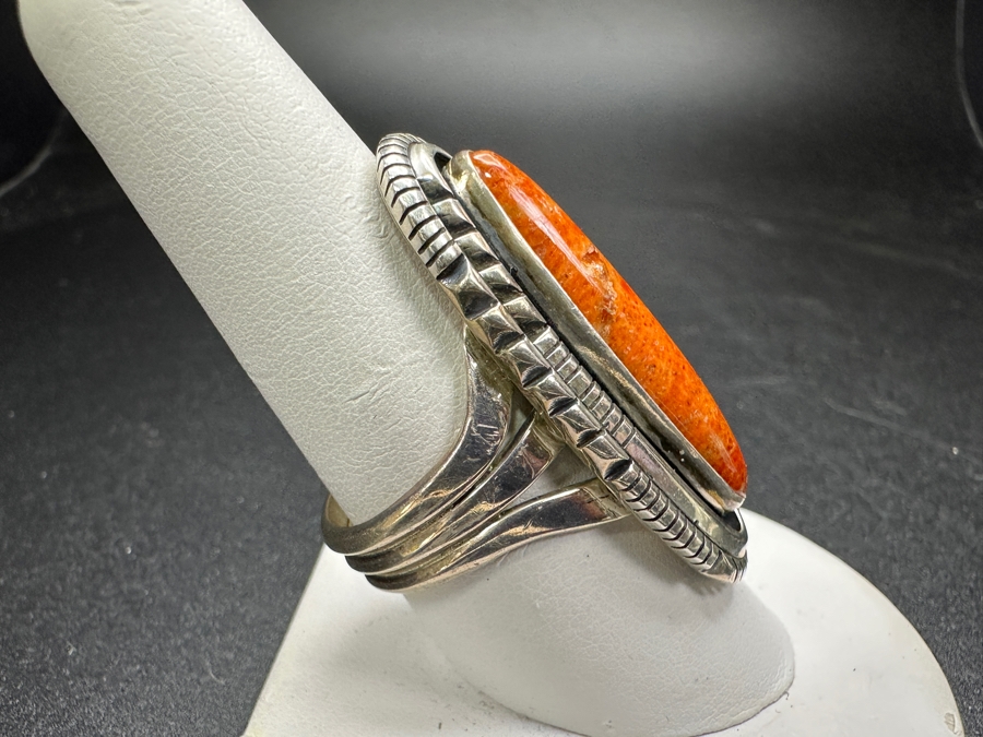 Sterling Silver Running Bear R.B. Orange Spiny Oyster Ring Size 9 12.2g	 [Photo 5]