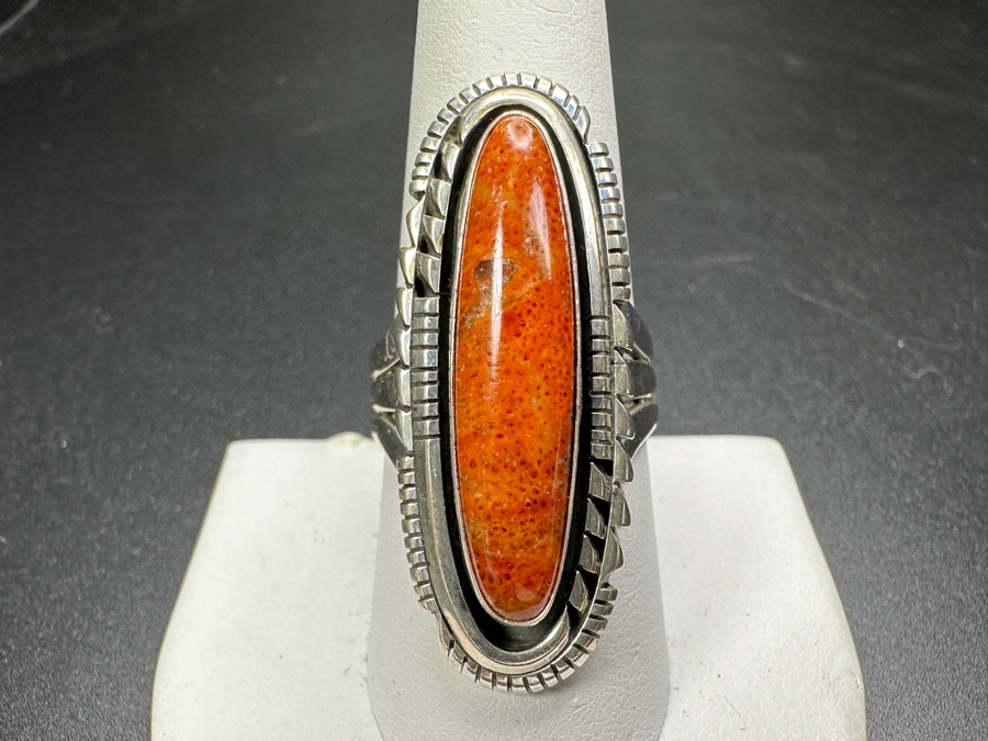 Sterling Silver Running Bear R.B. Orange Spiny Oyster Ring Size 9 12.2g	 [Photo 3]