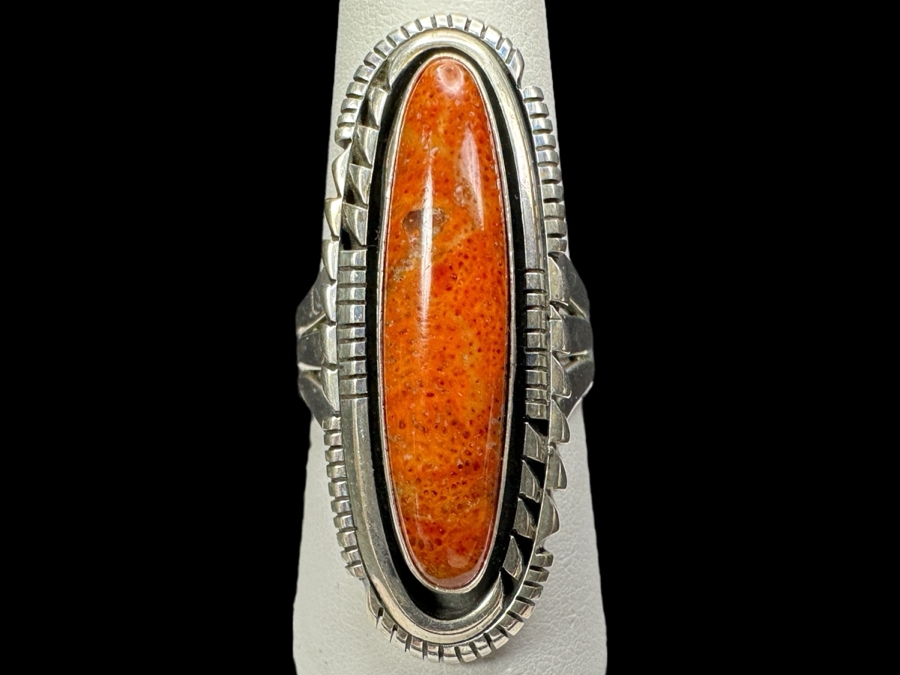 Sterling Silver Running Bear R.B. Orange Spiny Oyster Ring Size 9 12.2g	