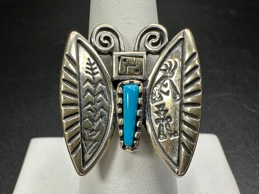 Signed Sterling Silver With 14k Gold And Turquoise Butterfly Ring Size 8.5 13.1g [Photo 2]