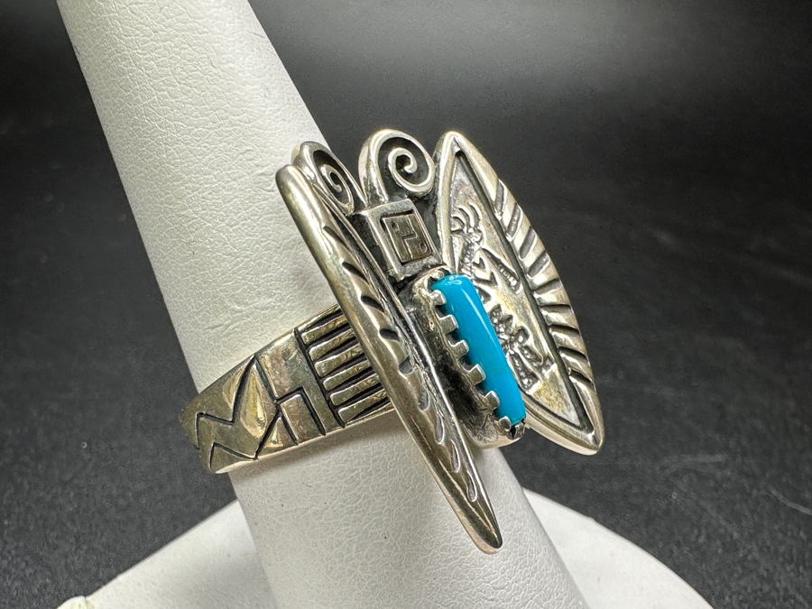 Signed Sterling Silver With 14k Gold And Turquoise Butterfly Ring Size 8.5 13.1g [Photo 3]