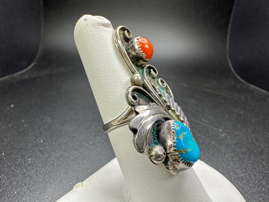 Vintage Sterling Silver Turquoise Coral Ring Size 7 9.3g [Photo 3]