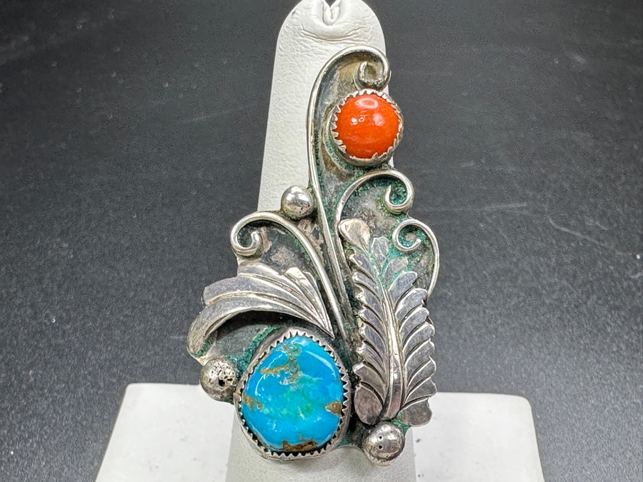 Vintage Sterling Silver Turquoise Coral Ring Size 7 9.3g [Photo 2]