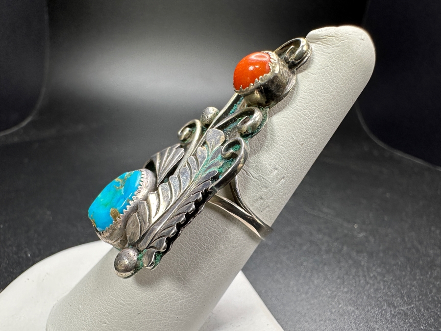 Vintage Sterling Silver Turquoise Coral Ring Size 7 9.3g [Photo 4]