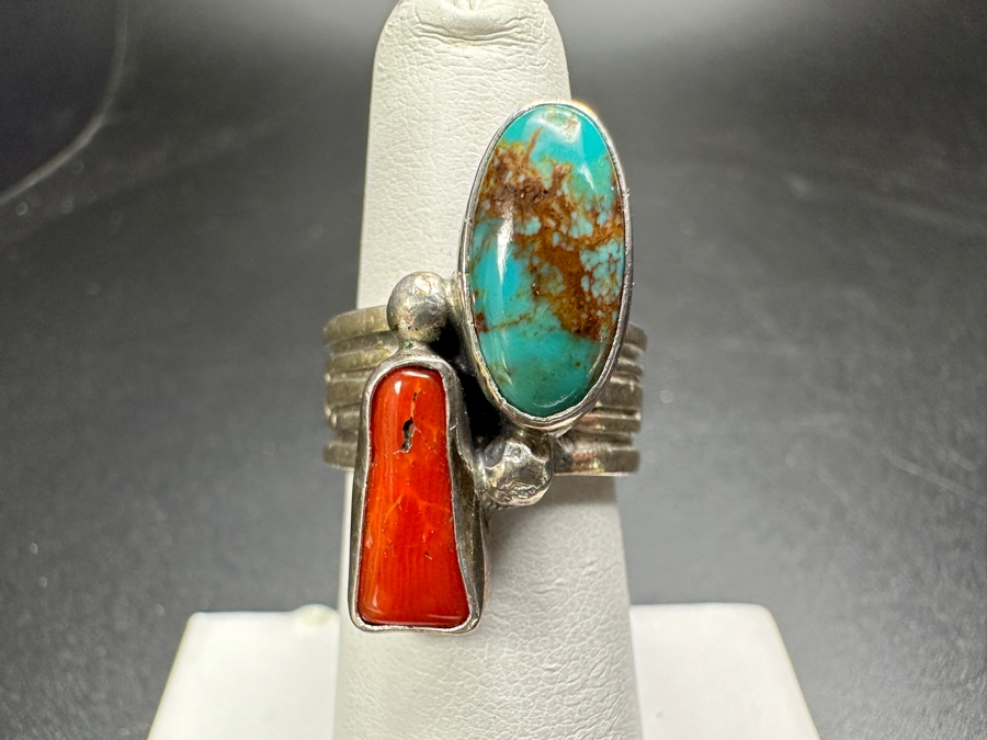 Vintage Signed Sterling Silver Turquoise & Coral Ring Size 6 11.4g [Photo 2]