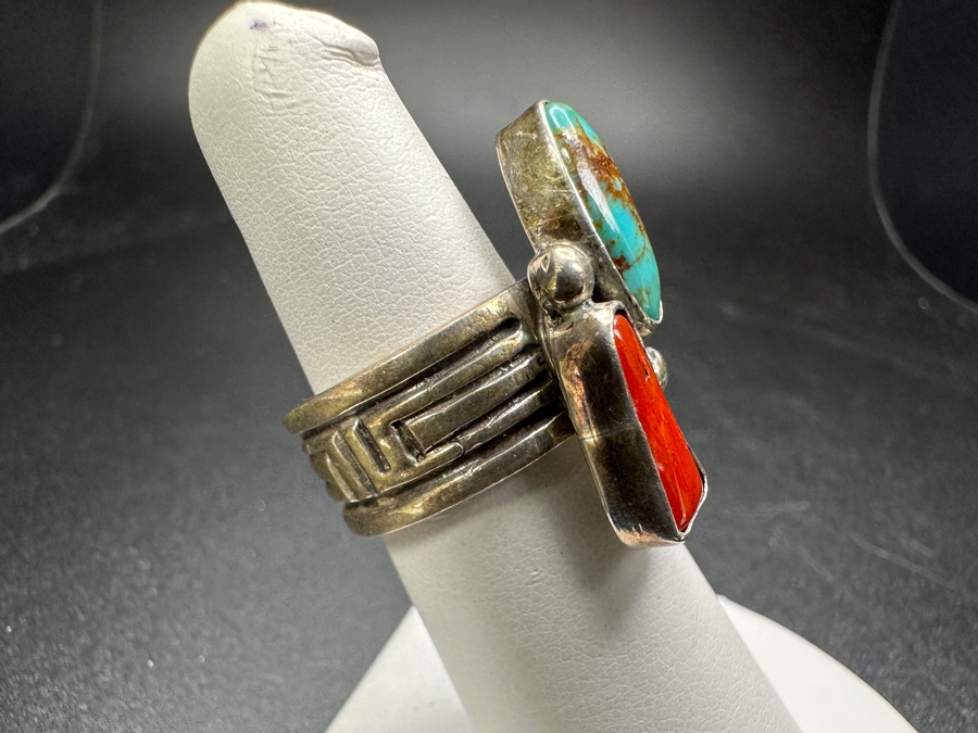 Vintage Signed Sterling Silver Turquoise & Coral Ring Size 6 11.4g [Photo 3]