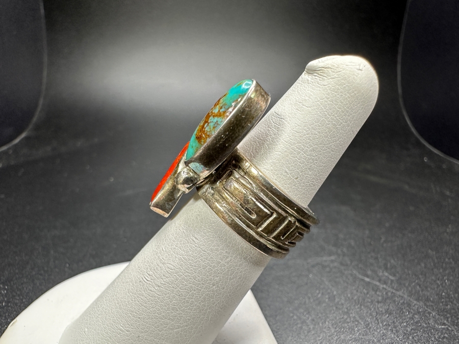 Vintage Signed Sterling Silver Turquoise & Coral Ring Size 6 11.4g [Photo 4]