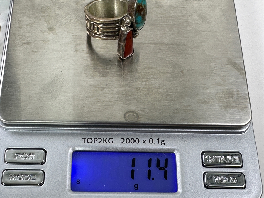 Vintage Signed Sterling Silver Turquoise & Coral Ring Size 6 11.4g [Photo 9]