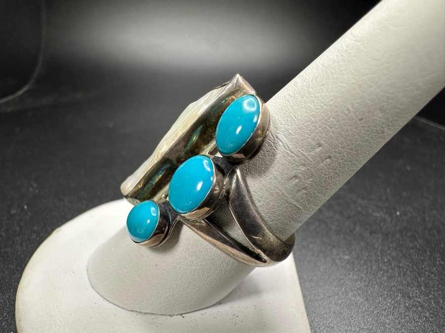 Signed Sterling Silver Turquoise & Pearl Ring Size 9 9.6g [Photo 4]