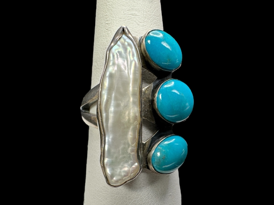 Signed Sterling Silver Turquoise & Pearl Ring Size 9 9.6g