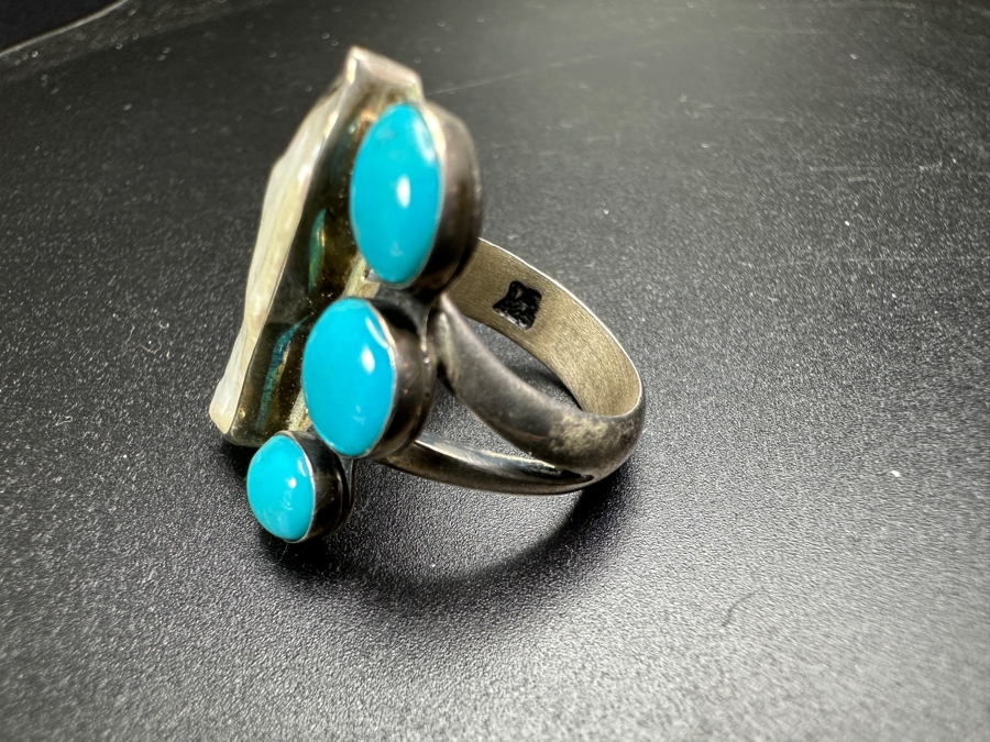 Signed Sterling Silver Turquoise & Pearl Ring Size 9 9.6g [Photo 6]