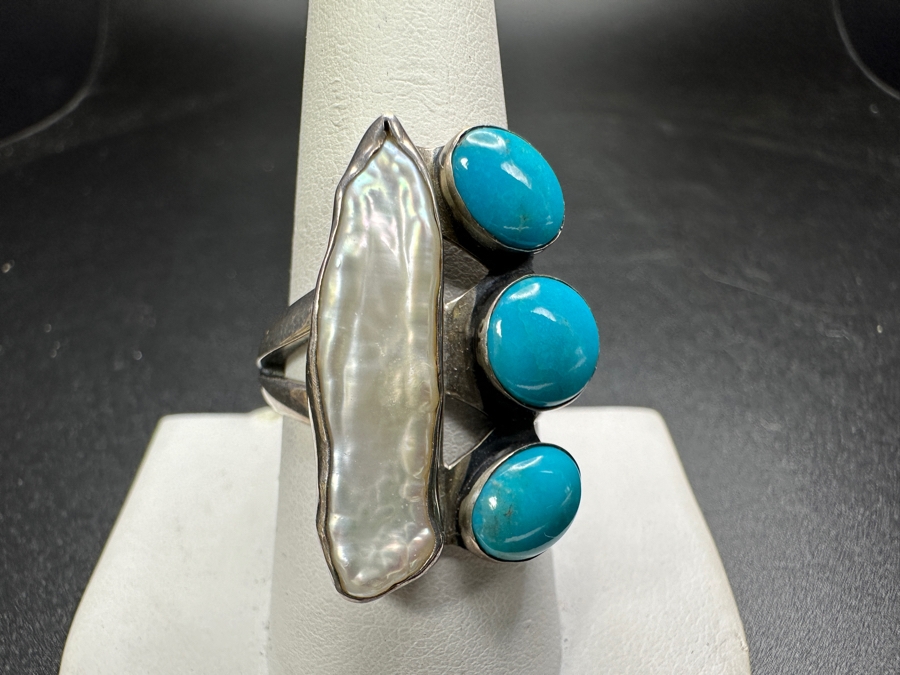 Signed Sterling Silver Turquoise & Pearl Ring Size 9 9.6g [Photo 2]
