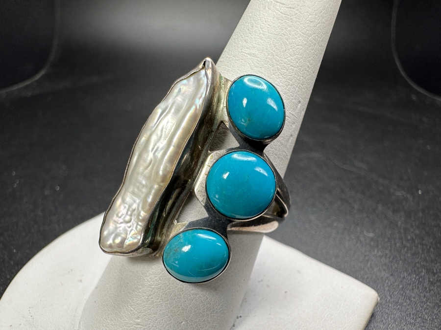 Signed Sterling Silver Turquoise & Pearl Ring Size 9 9.6g [Photo 3]