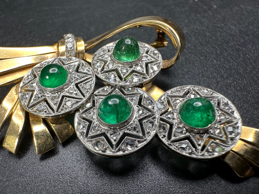 14k Gold (Yellow & White Gold) Pin Brooch Set With (4) 5mm Round Cabochon Emeralds Est. 2cttw Accented With (64) 1.5mm Single Cut Diamonds 2.75' X 1 5/8' 17.6g Retails $5,700 [Photo 5]