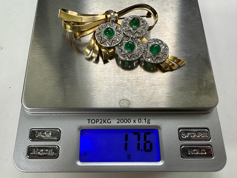 14k Gold (Yellow & White Gold) Pin Brooch Set With (4) 5mm Round Cabochon Emeralds Est. 2cttw Accented With (64) 1.5mm Single Cut Diamonds 2.75' X 1 5/8' 17.6g Retails $5,700 [Photo 15]