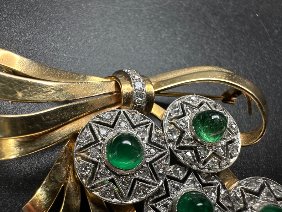 14k Gold (Yellow & White Gold) Pin Brooch Set With (4) 5mm Round Cabochon Emeralds Est. 2cttw Accented With (64) 1.5mm Single Cut Diamonds 2.75' X 1 5/8' 17.6g Retails $5,700 [Photo 8]