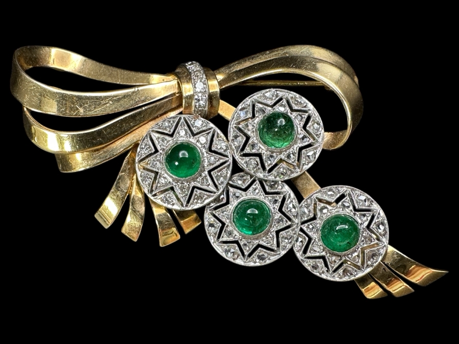 14k Gold (Yellow & White Gold) Pin Brooch Set With (4) 5mm Round Cabochon Emeralds Est. 2cttw Accented With (64) 1.5mm Single Cut Diamonds 2.75' X 1 5/8' 17.6g Retails $5,700 [Photo 2]