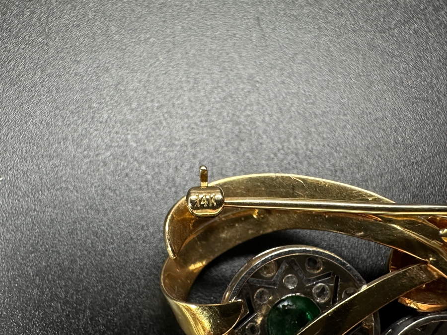 14k Gold (Yellow & White Gold) Pin Brooch Set With (4) 5mm Round Cabochon Emeralds Est. 2cttw Accented With (64) 1.5mm Single Cut Diamonds 2.75' X 1 5/8' 17.6g Retails $5,700 [Photo 12]