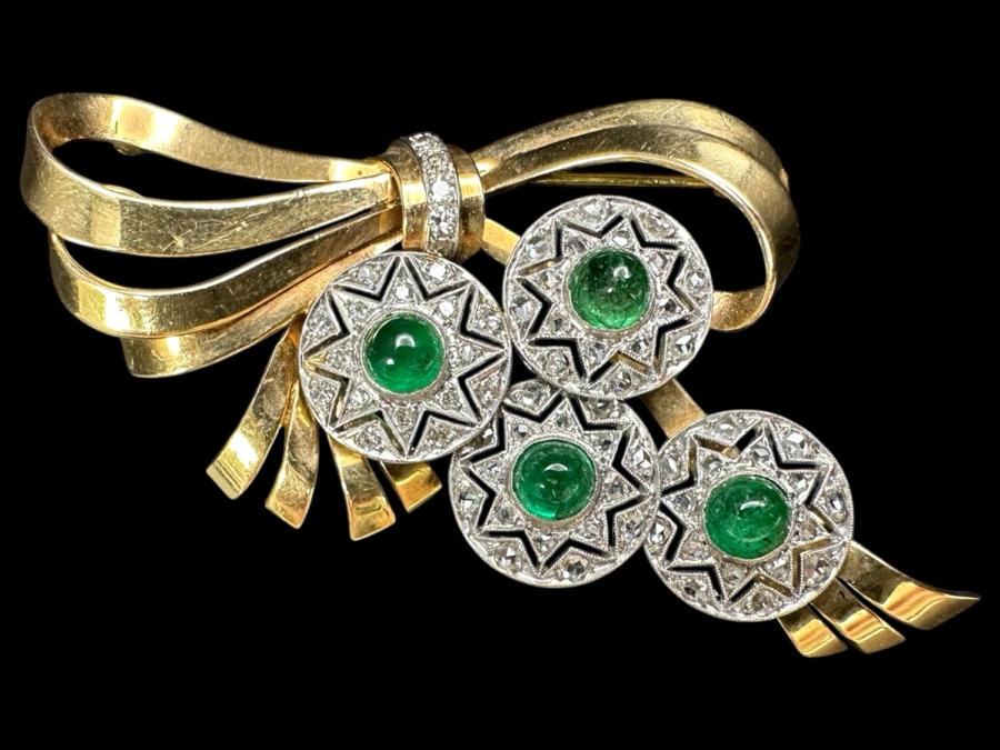 14k Gold (Yellow & White Gold) Pin Brooch Set With (4) 5mm Round Cabochon Emeralds Est. 2cttw Accented With (64) 1.5mm Single Cut Diamonds 2.75' X 1 5/8' 17.6g Retails $5,700