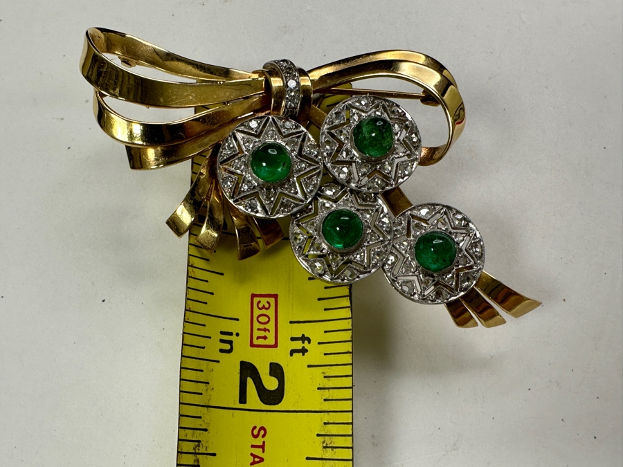 14k Gold (Yellow & White Gold) Pin Brooch Set With (4) 5mm Round Cabochon Emeralds Est. 2cttw Accented With (64) 1.5mm Single Cut Diamonds 2.75' X 1 5/8' 17.6g Retails $5,700 [Photo 14]