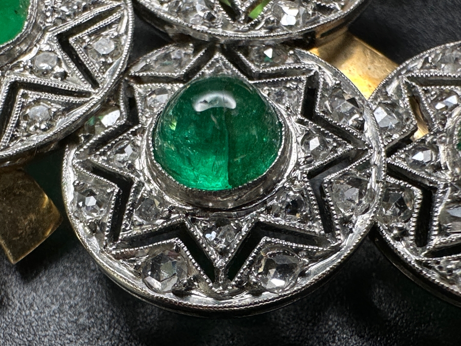 14k Gold (Yellow & White Gold) Pin Brooch Set With (4) 5mm Round Cabochon Emeralds Est. 2cttw Accented With (64) 1.5mm Single Cut Diamonds 2.75' X 1 5/8' 17.6g Retails $5,700 [Photo 6]