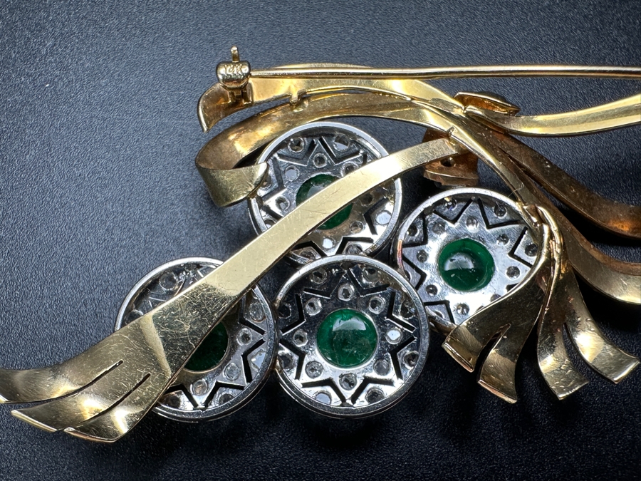 14k Gold (Yellow & White Gold) Pin Brooch Set With (4) 5mm Round Cabochon Emeralds Est. 2cttw Accented With (64) 1.5mm Single Cut Diamonds 2.75' X 1 5/8' 17.6g Retails $5,700 [Photo 11]