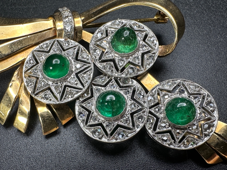 14k Gold (Yellow & White Gold) Pin Brooch Set With (4) 5mm Round Cabochon Emeralds Est. 2cttw Accented With (64) 1.5mm Single Cut Diamonds 2.75' X 1 5/8' 17.6g Retails $5,700 [Photo 3]