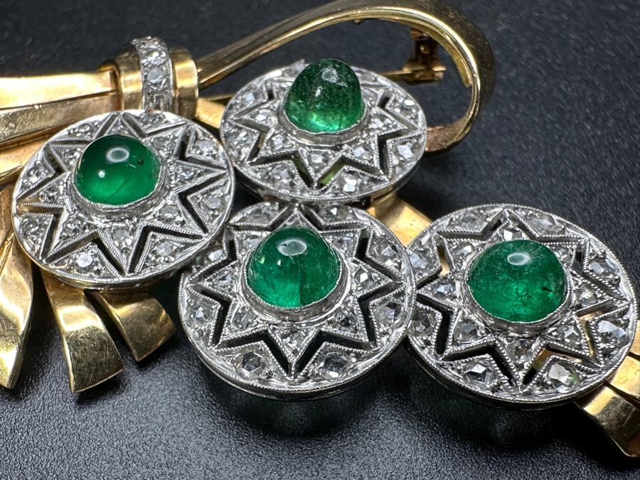 14k Gold (Yellow & White Gold) Pin Brooch Set With (4) 5mm Round Cabochon Emeralds Est. 2cttw Accented With (64) 1.5mm Single Cut Diamonds 2.75' X 1 5/8' 17.6g Retails $5,700 [Photo 4]