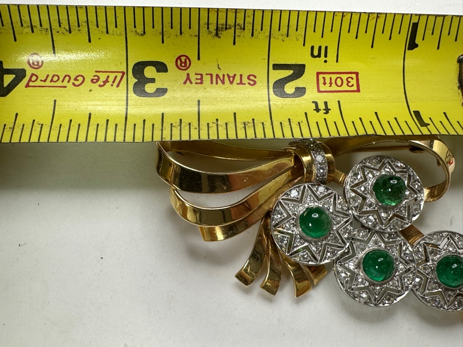 14k Gold (Yellow & White Gold) Pin Brooch Set With (4) 5mm Round Cabochon Emeralds Est. 2cttw Accented With (64) 1.5mm Single Cut Diamonds 2.75' X 1 5/8' 17.6g Retails $5,700 [Photo 13]