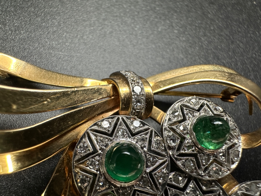 14k Gold (Yellow & White Gold) Pin Brooch Set With (4) 5mm Round Cabochon Emeralds Est. 2cttw Accented With (64) 1.5mm Single Cut Diamonds 2.75' X 1 5/8' 17.6g Retails $5,700 [Photo 7]