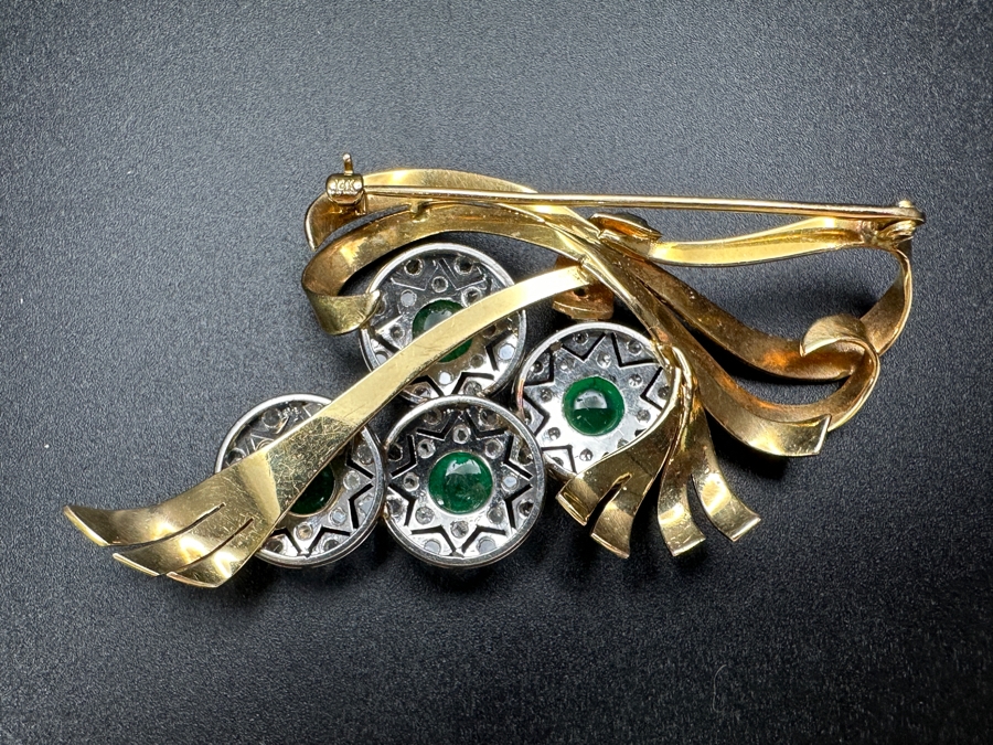 14k Gold (Yellow & White Gold) Pin Brooch Set With (4) 5mm Round Cabochon Emeralds Est. 2cttw Accented With (64) 1.5mm Single Cut Diamonds 2.75' X 1 5/8' 17.6g Retails $5,700 [Photo 10]