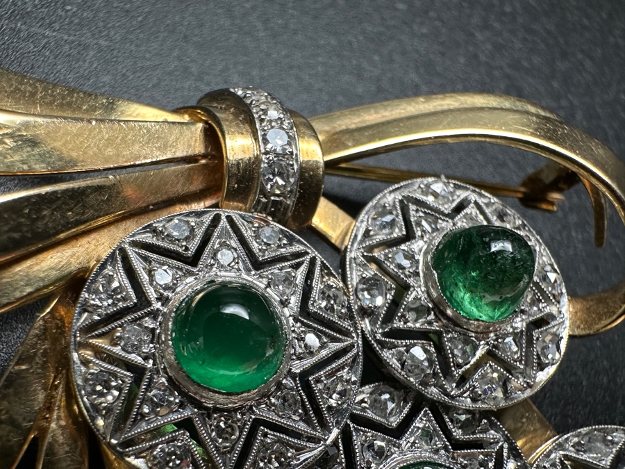 14k Gold (Yellow & White Gold) Pin Brooch Set With (4) 5mm Round Cabochon Emeralds Est. 2cttw Accented With (64) 1.5mm Single Cut Diamonds 2.75' X 1 5/8' 17.6g Retails $5,700 [Photo 9]