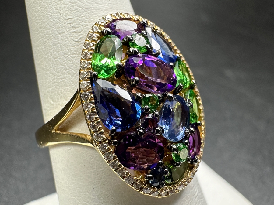 14k Gold Marco Moore Multi Gemstone Ring Set With Amethyst, Tsavorite, Iolite And (52) .5mm Round Brilliant Diamonds Limited Edition Ring Size 7.5 5.3g Retails $3,900 [Photo 5]