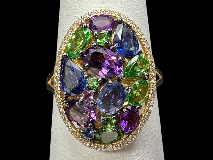 14k Gold Marco Moore Multi Gemstone Ring Set With Amethyst, Tsavorite, Iolite And (52) .5mm Round Brilliant Diamonds Limited Edition Ring Size 7.5 5.3g Retails $3,900