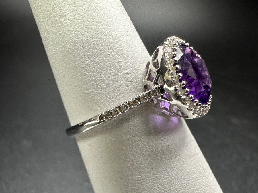 14k Gold Ring Set With (1) 8mm Round Amethyst Est. 1.80ct And (42) .05ct Round Brilliant Diamonds H-I, SI1-2 Est. .20cttw Size 5.5 2.1g Retails $900 [Photo 5]