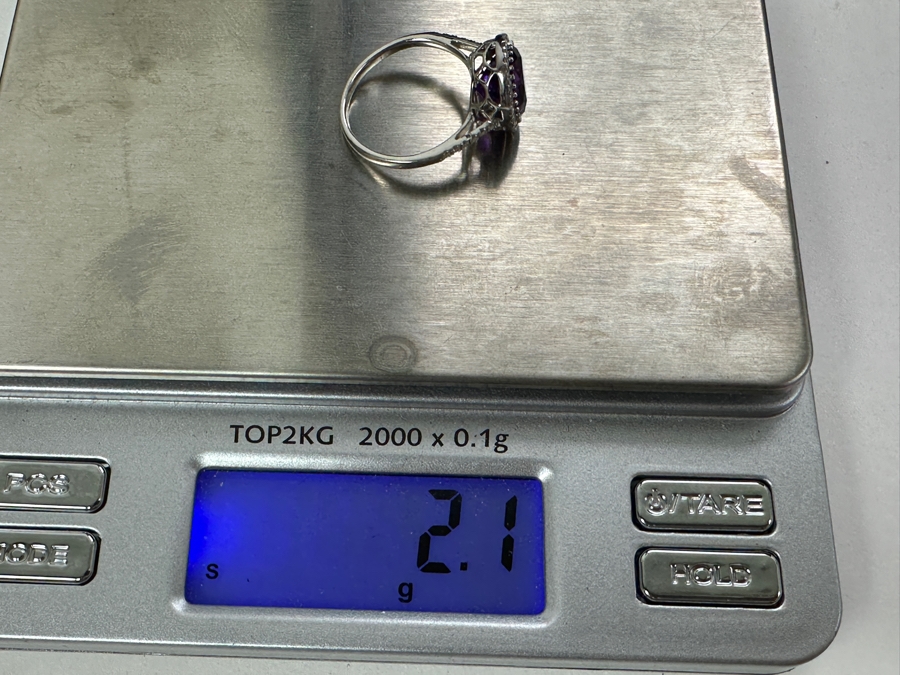 14k Gold Ring Set With (1) 8mm Round Amethyst Est. 1.80ct And (42) .05ct Round Brilliant Diamonds H-I, SI1-2 Est. .20cttw Size 5.5 2.1g Retails $900 [Photo 10]