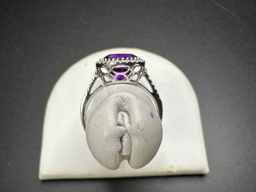 14k Gold Ring Set With (1) 8mm Round Amethyst Est. 1.80ct And (42) .05ct Round Brilliant Diamonds H-I, SI1-2 Est. .20cttw Size 5.5 2.1g Retails $900 [Photo 6]