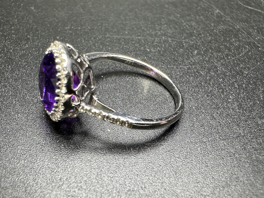 14k Gold Ring Set With (1) 8mm Round Amethyst Est. 1.80ct And (42) .05ct Round Brilliant Diamonds H-I, SI1-2 Est. .20cttw Size 5.5 2.1g Retails $900 [Photo 8]