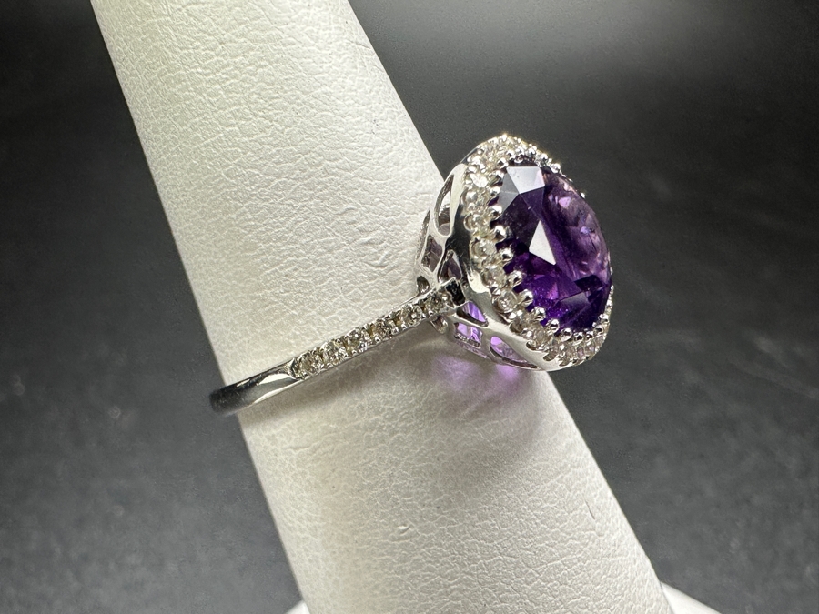 14k Gold Ring Set With (1) 8mm Round Amethyst Est. 1.80ct And (42) .05ct Round Brilliant Diamonds H-I, SI1-2 Est. .20cttw Size 5.5 2.1g Retails $900 [Photo 4]