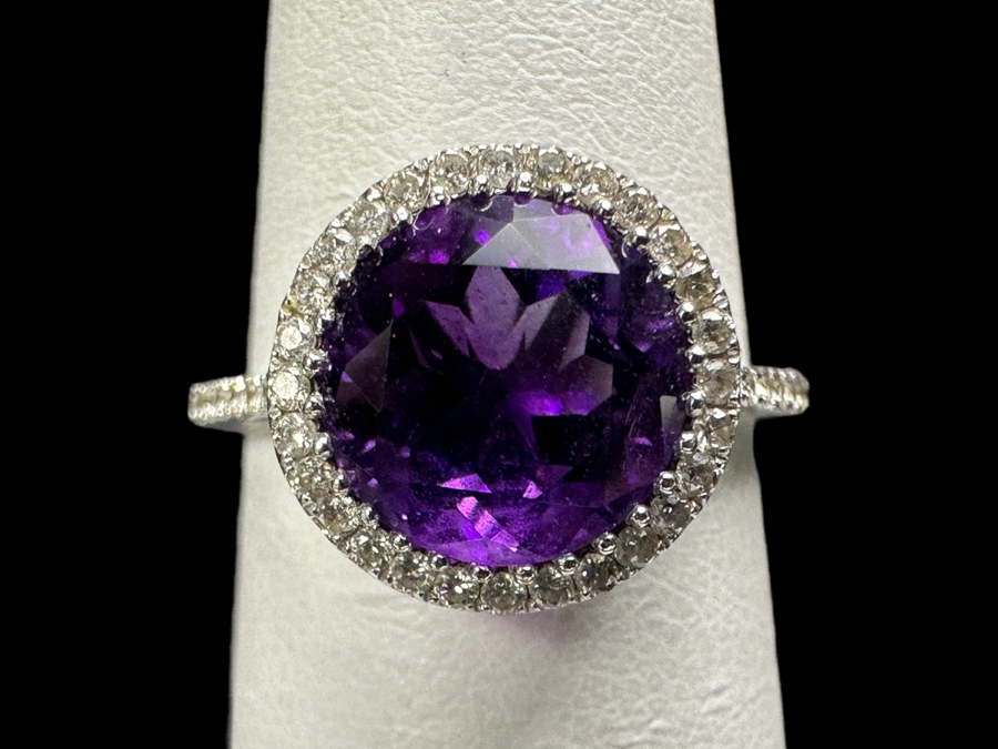 14k Gold Ring Set With (1) 8mm Round Amethyst Est. 1.80ct And (42) .05ct Round Brilliant Diamonds H-I, SI1-2 Est. .20cttw Size 5.5 2.1g Retails $900 [Photo 1]
