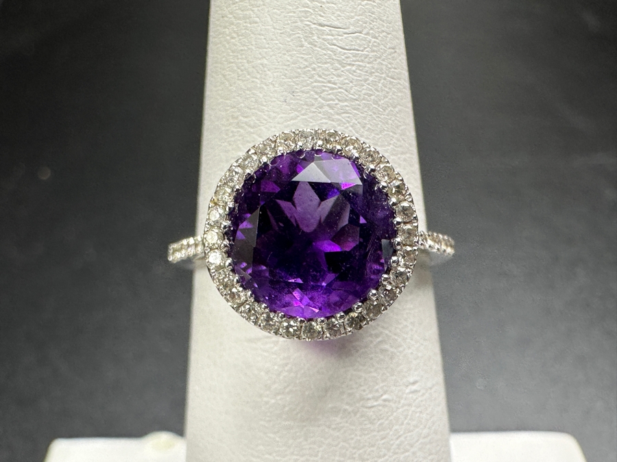 14k Gold Ring Set With (1) 8mm Round Amethyst Est. 1.80ct And (42) .05ct Round Brilliant Diamonds H-I, SI1-2 Est. .20cttw Size 5.5 2.1g Retails $900 [Photo 2]