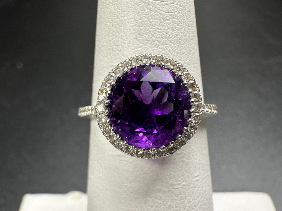 14k Gold Ring Set With (1) 8mm Round Amethyst Est. 1.80ct And (42) .05ct Round Brilliant Diamonds H-I, SI1-2 Est. .20cttw Size 5.5 2.1g Retails $900 [Photo 3]