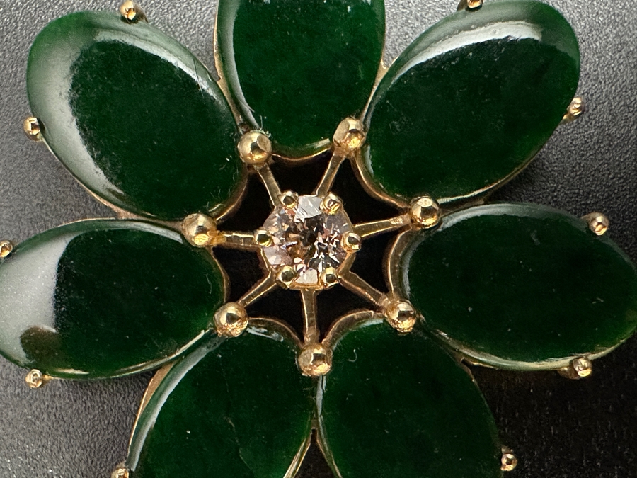14k Gold Pin Brooch Set With (7) Oval Flat Cabochon Dyed Green Jade And (1) 4mm Brilliant Round Diamond Est. .25ct I-J Color, SI2 Clarity 1.75'W 11g Retails $3,120 [Photo 4]