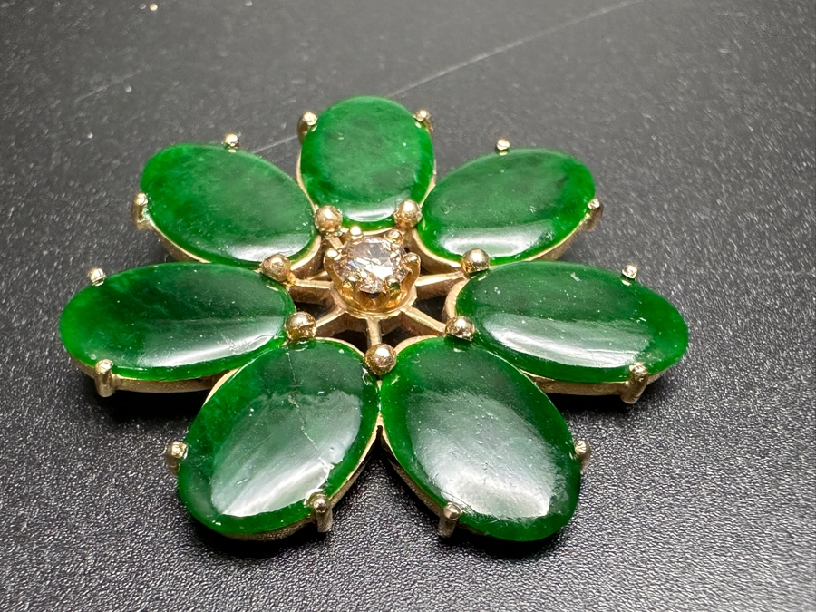 14k Gold Pin Brooch Set With (7) Oval Flat Cabochon Dyed Green Jade And (1) 4mm Brilliant Round Diamond Est. .25ct I-J Color, SI2 Clarity 1.75'W 11g Retails $3,120 [Photo 5]