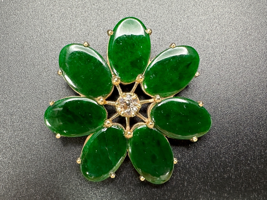 14k Gold Pin Brooch Set With (7) Oval Flat Cabochon Dyed Green Jade And (1) 4mm Brilliant Round Diamond Est. .25ct I-J Color, SI2 Clarity 1.75'W 11g Retails $3,120 [Photo 3]