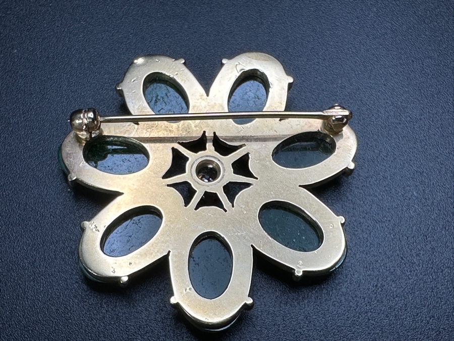 14k Gold Pin Brooch Set With (7) Oval Flat Cabochon Dyed Green Jade And (1) 4mm Brilliant Round Diamond Est. .25ct I-J Color, SI2 Clarity 1.75'W 11g Retails $3,120 [Photo 8]